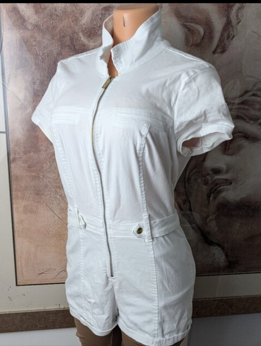 GUESS White Denim Zip-Up Romper Short Jumpsuit Mock Neck Size L